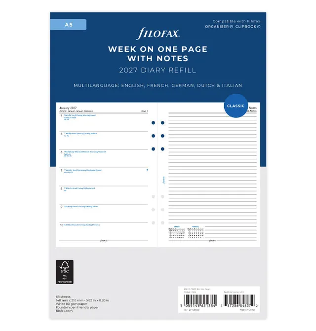 filofax-kalendereinlage-a5-2027-1-woche-1-seite-notizen-multilingual image 1