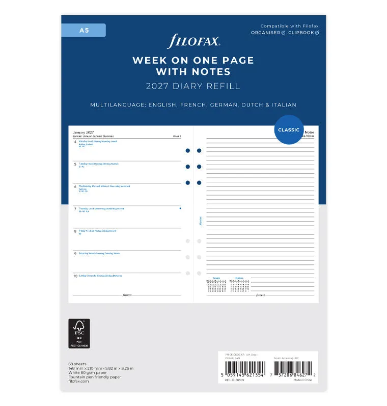 filofax-kalendereinlage-a5-2027-1-woche-1-seite-notizen-multilingual image 1