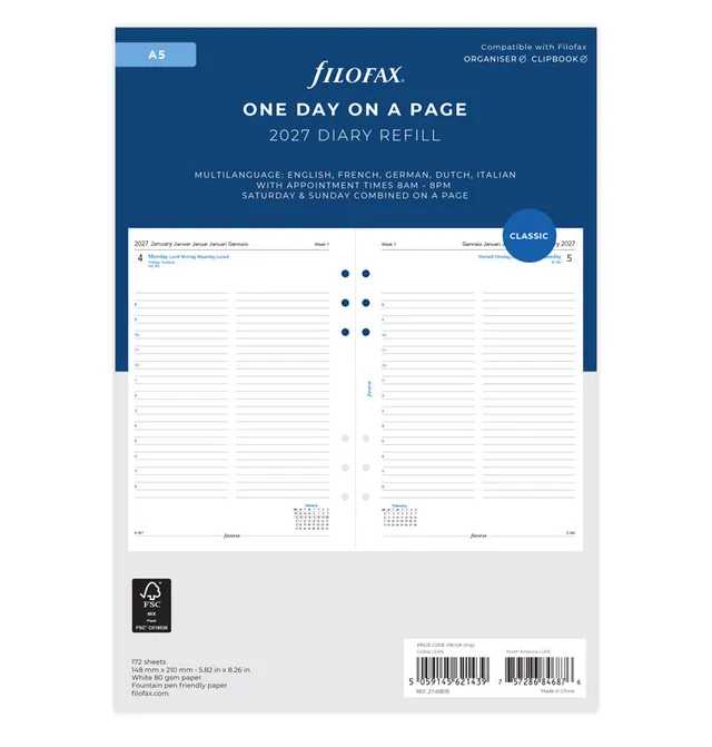 filofax-kalendereinlage-1-tag-1-seite-multilingual-a5-2027 image 1