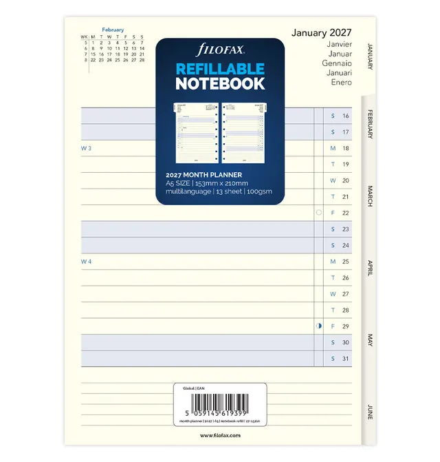 filofax-notebook-monatsplaner-a5-2027-multilinguale-kalendereinlage-mit-monatsta image 1