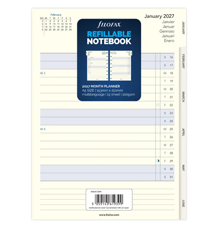 filofax-notebook-monatsplaner-a5-2027-multilinguale-kalendereinlage-mit-monatsta image 1