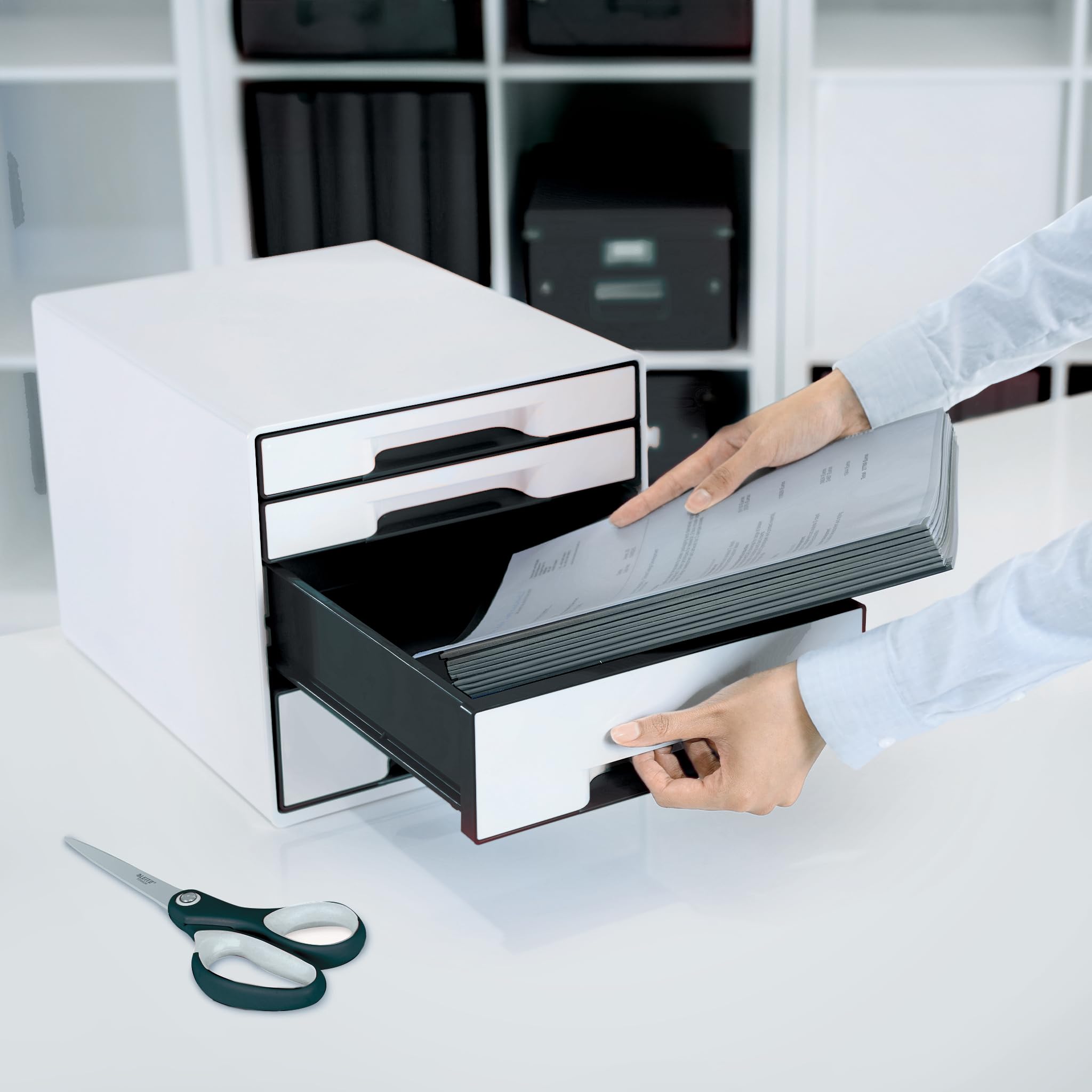 leitz-cube-wow-schubladenbox-a4-mit-4-schubladen-perlwei-schwarz image 2
