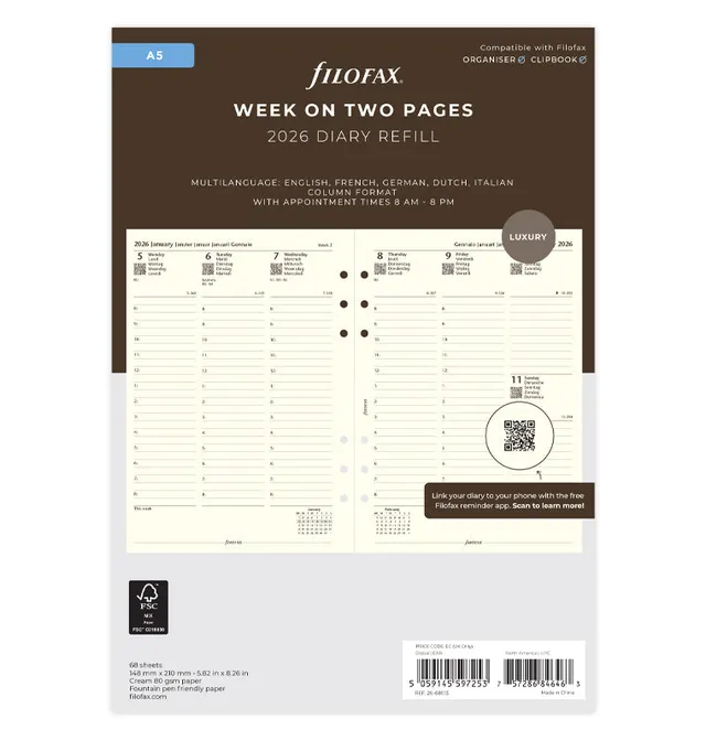 filofax-cotton-cream-kalendereinlage-a5-2026-1-woche-2-seiten-multilingual image 1