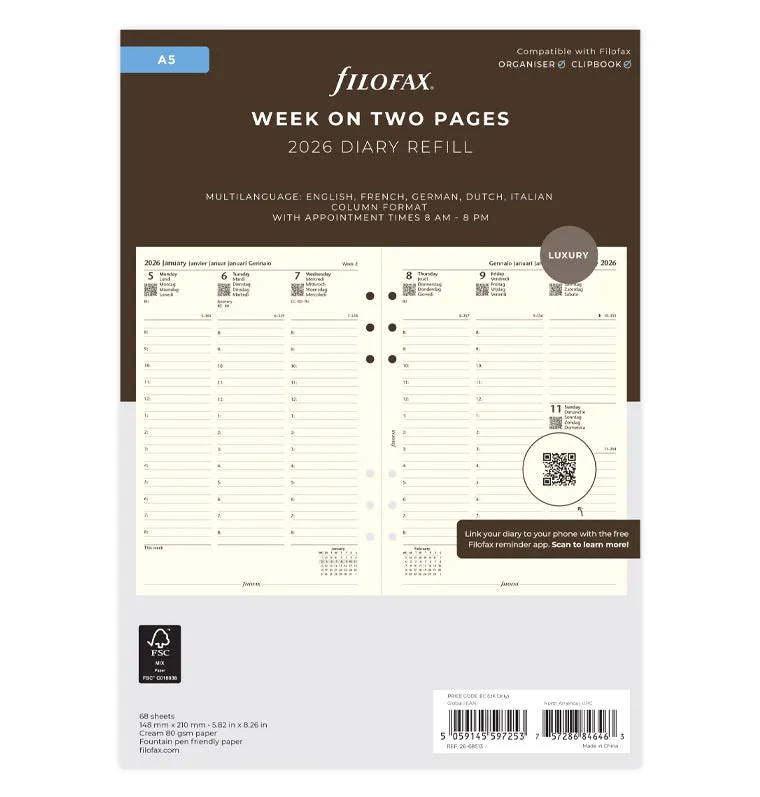 filofax-cotton-cream-kalendereinlage-a5-2026-1-woche-2-seiten-multilingual image 1
