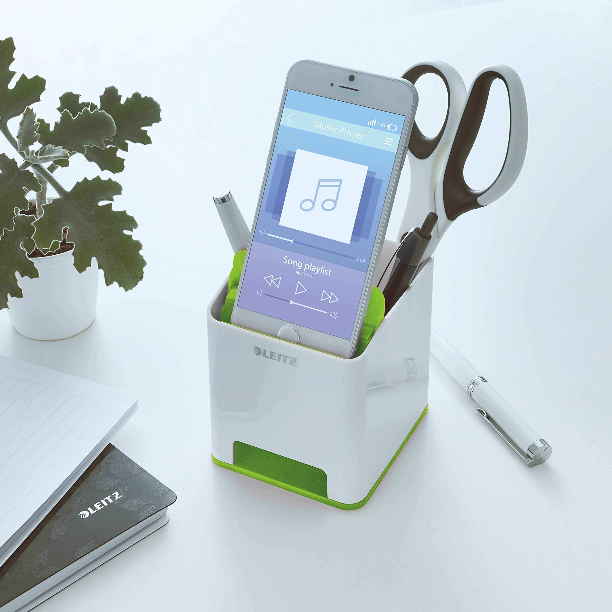leitz-wow-sound-stiftek-cher-duo-colour-wei-gr-n-mit-smartphone-fach image 2