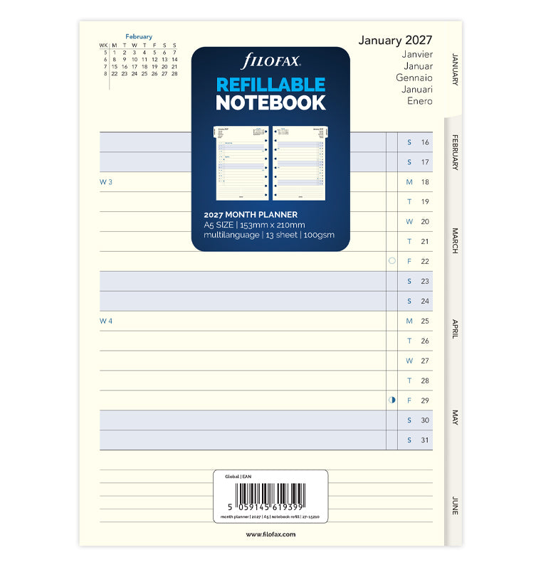 filofax-notebook-monatsplaner-a5-2027-multilinguale-kalendereinlage-mit-monatsta image 1