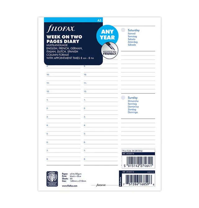 filofax-kalendereinlage-a5-undatiert-1-woche-2-seiten-multilingual image 1