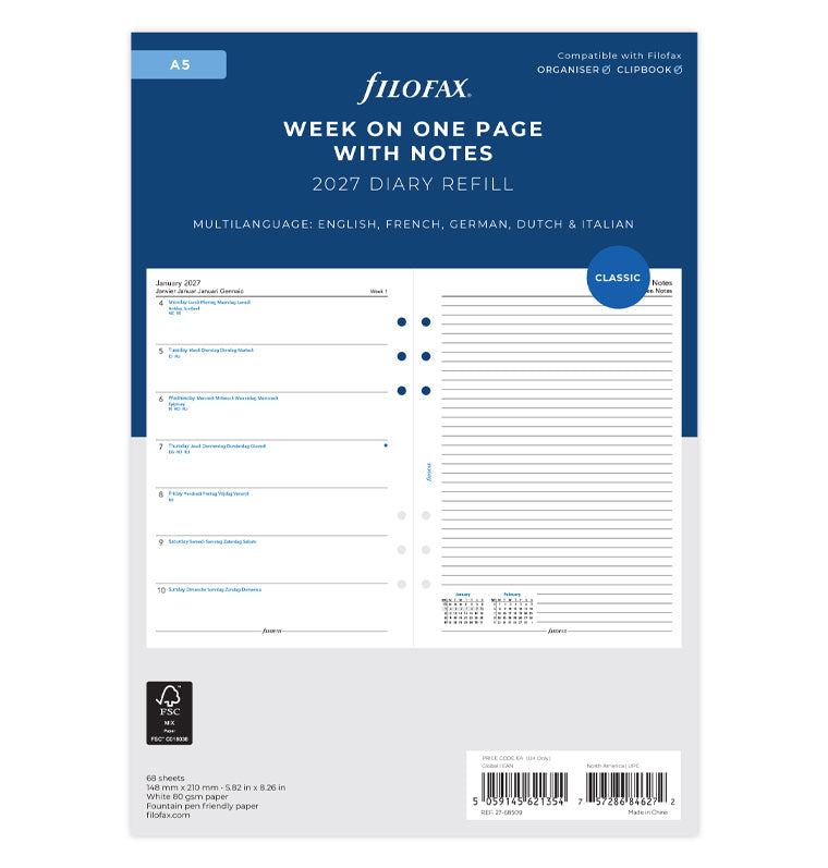 filofax-kalendereinlage-a5-2027-1-woche-1-seite-notizen-multilingual image 1