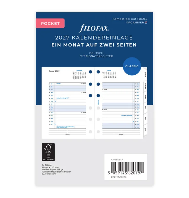 filofax-kalendereinlage-1-monat-2-seiten-deutsch-pocket-2027-mit-monats-tabs image 1