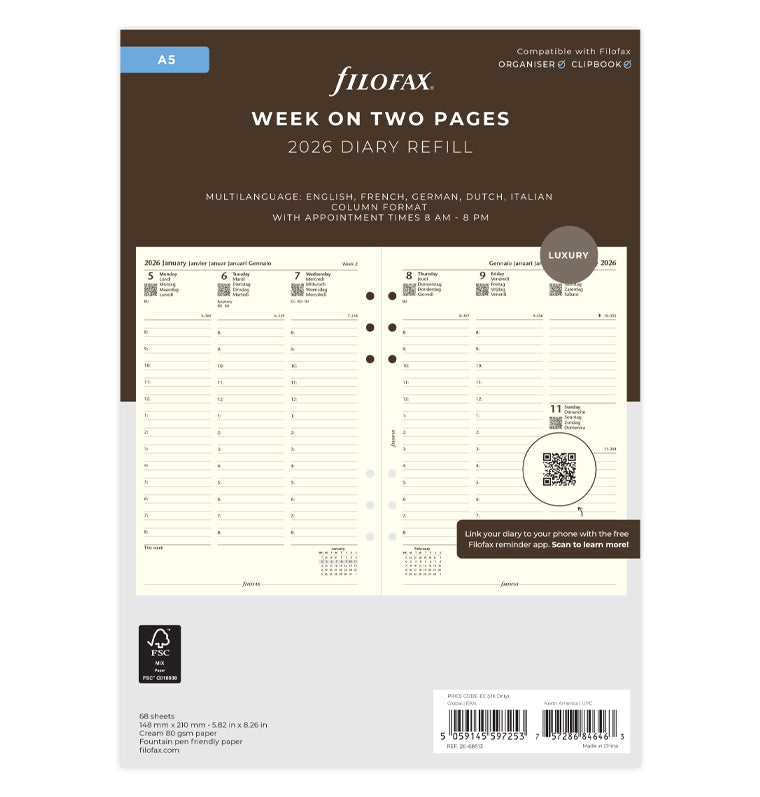 filofax-cotton-cream-kalendereinlage-a5-2026-1-woche-2-seiten-multilingual image 1