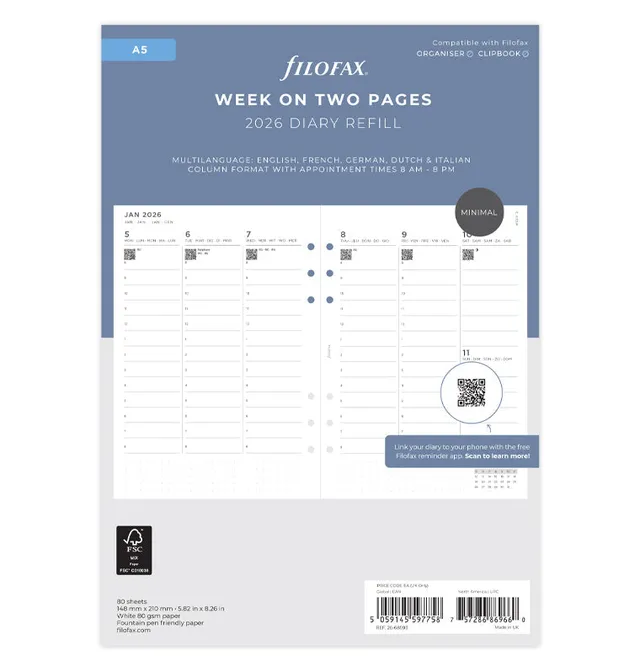 filofax-minimal-kalendereinlage-1-woche-2-seiten-vertikal-a5-2026 image 1