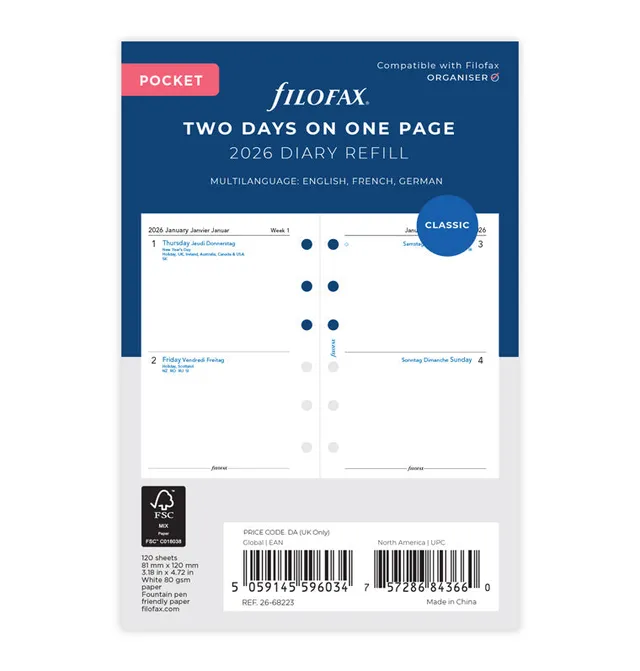 filofax-kalendereinlage-2-tage-1-seite-multilingual-pocket-2026 image 1