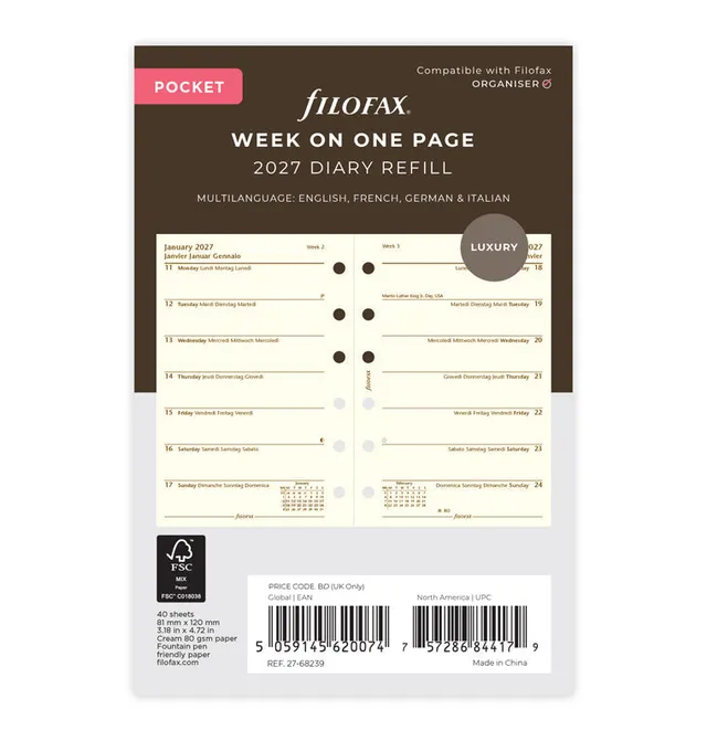 filofax-kalendereinlage-2027-pocket-1-woche-1-seite-multilingual image 1