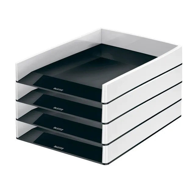 leitz-wow-briefkorb-a4-4er-pack-stapelbarer-schreibtisch-organizer-schwarz-grau- image 1