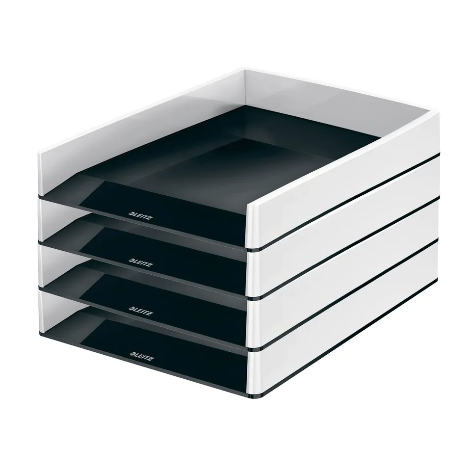 leitz-wow-briefkorb-a4-4er-pack-stapelbarer-schreibtisch-organizer-schwarz-grau- image 1